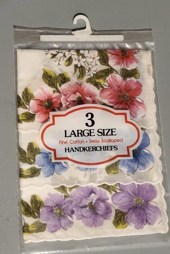 NEW Sealed 3 Large Size Fine Cotton Swiss Scalloped Handkerchiefs Pansies Floral