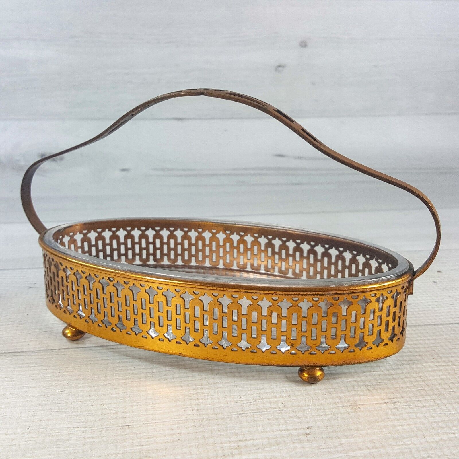 Vintage Acme Corp Copper Metal & Glass Caddy Pickle Candy Nut Oval Dish 7 x 3.5\