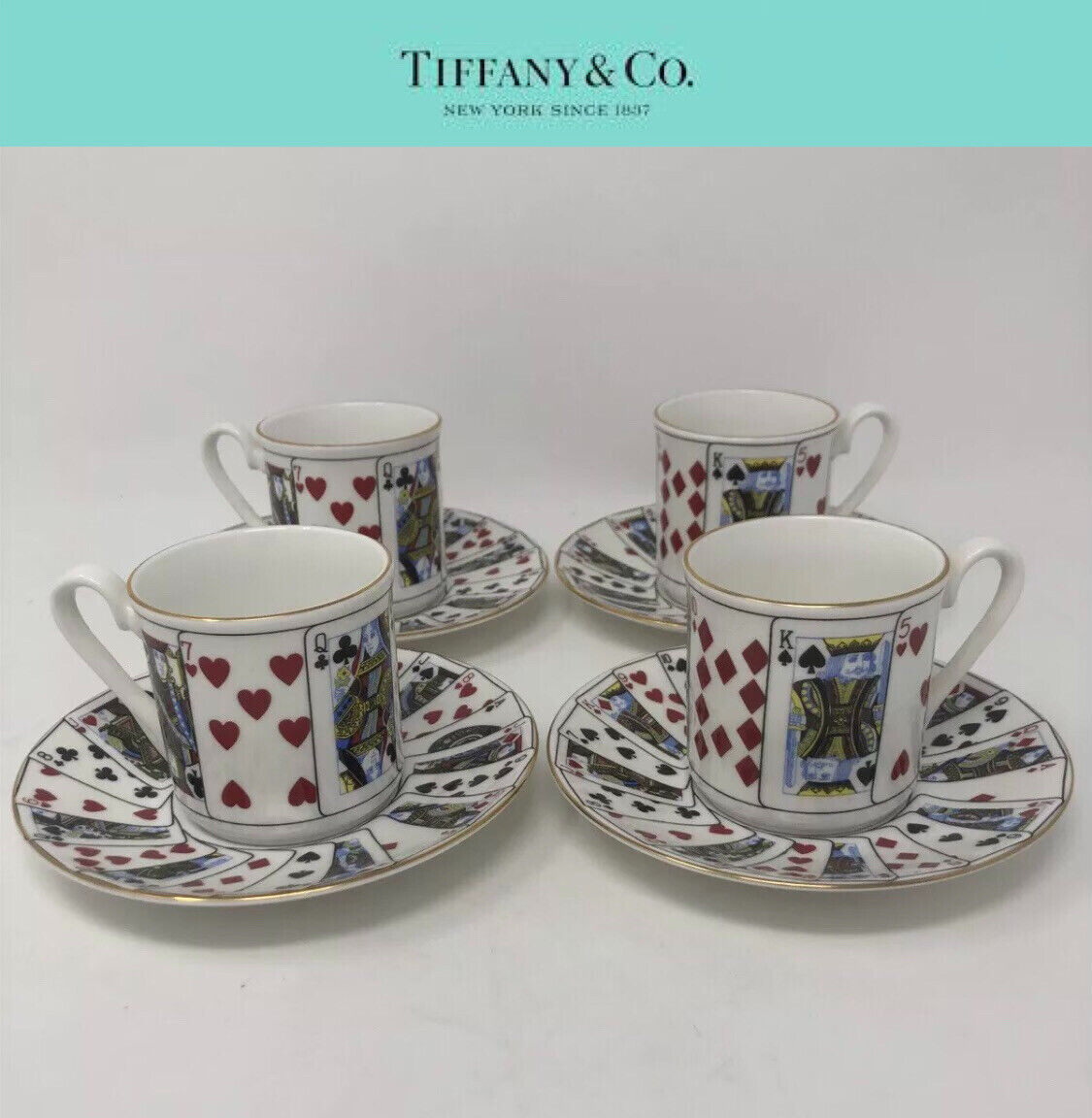 Tiffany & Co. Elizabethan Staffordshire Playing Card Demitasse 4 Cups & Saucers