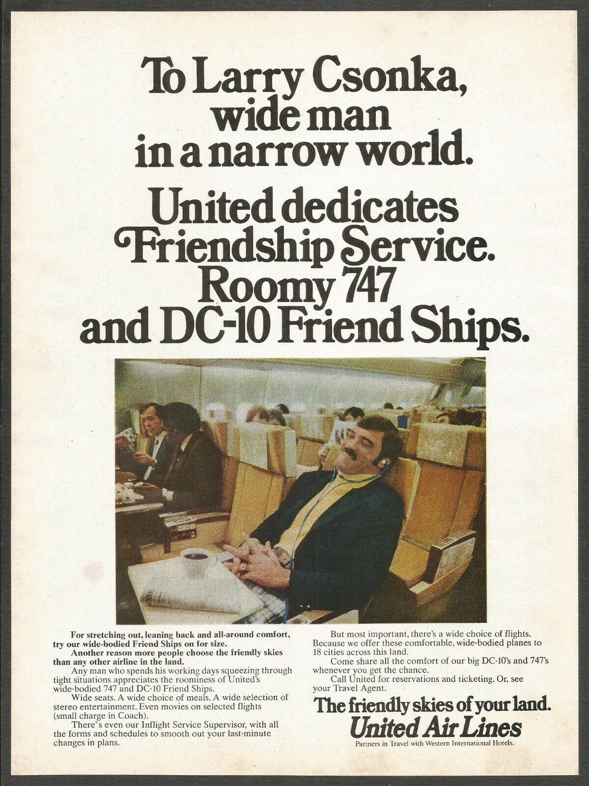 United Air Lines - Larry Csonka.Wide man in a narrow world-1974 Vintage Print Ad