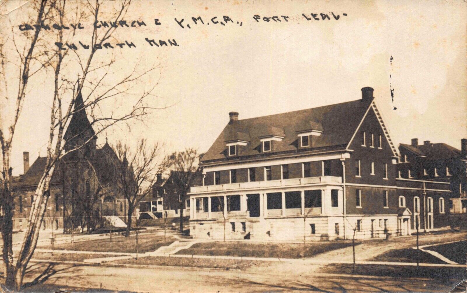Real Photo Postcard Catholic Church and YMCA in Fort Leavenworth, Kansas~121391