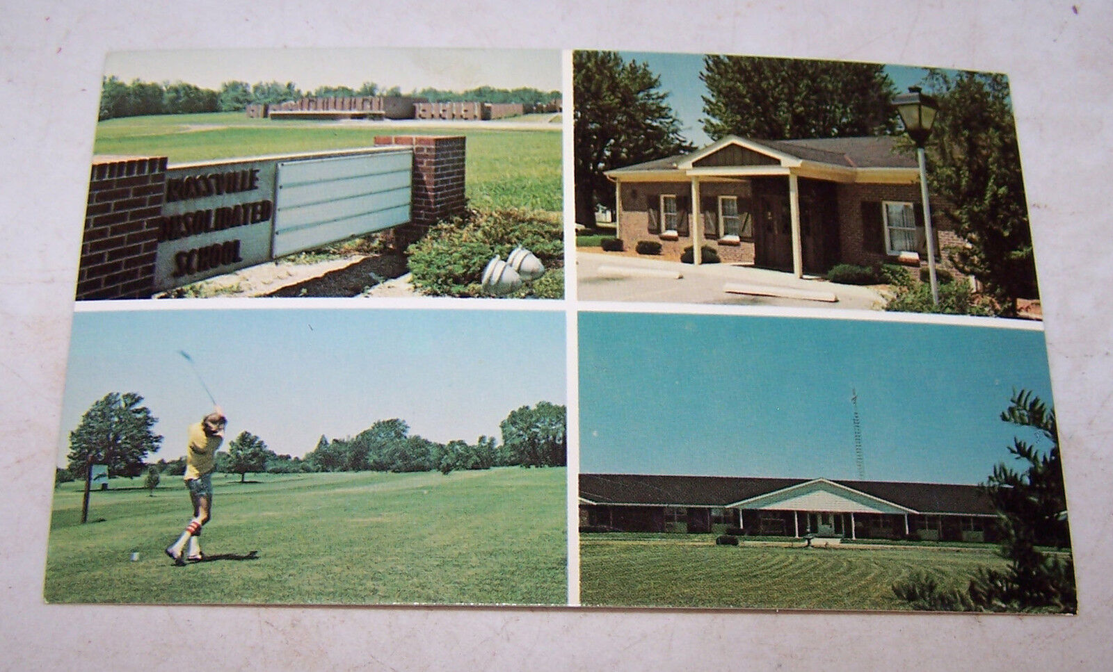 Vintage ROSSVILLE INDIANA Postcard Golf Course Clinton County Bank Milner Health