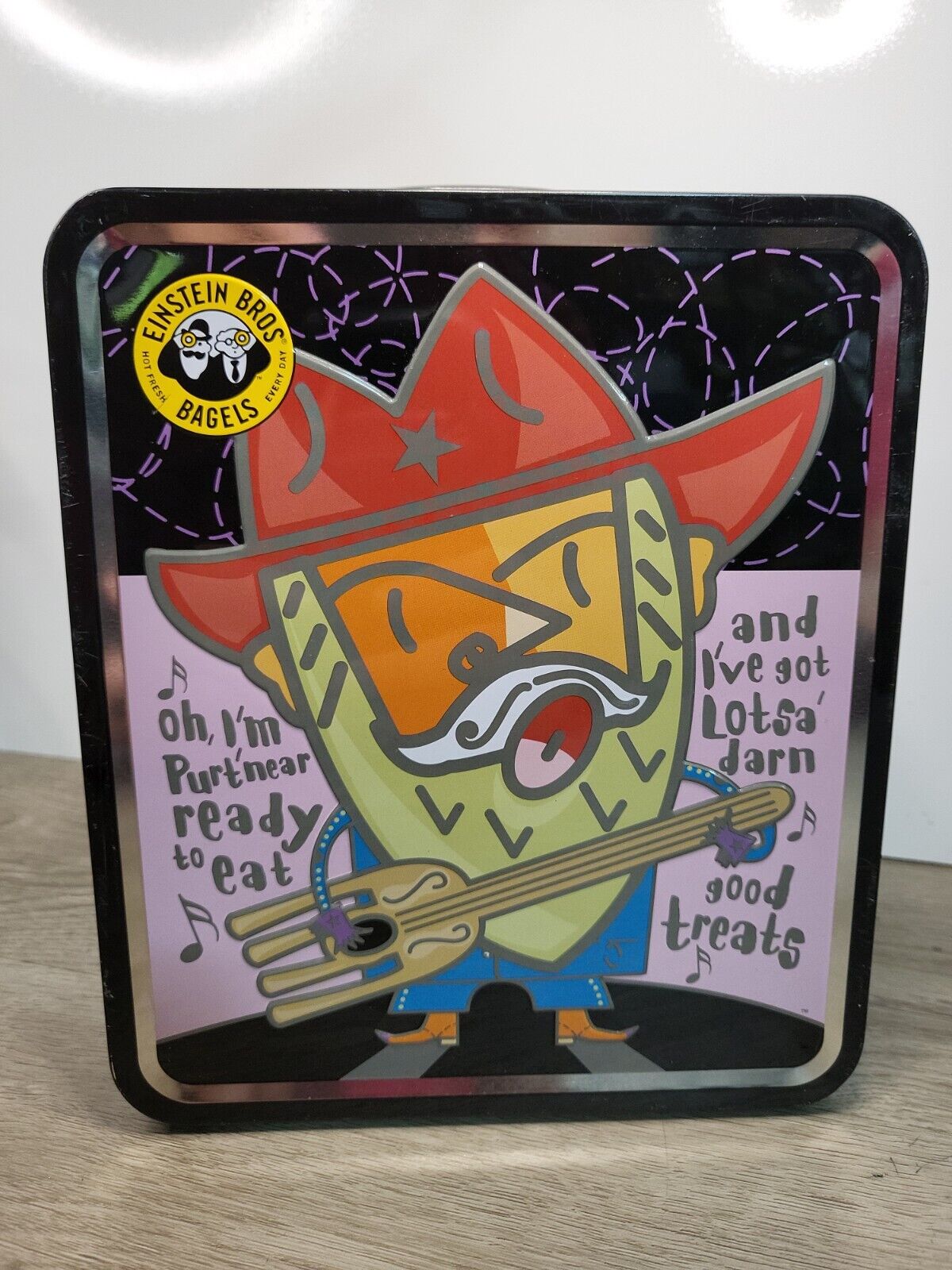 VINTAGE 2002 EINSTEIN BROS. BAGELS ROOTIN TOOTIN LUNCH TIME METAL LUNCH BOX NEW