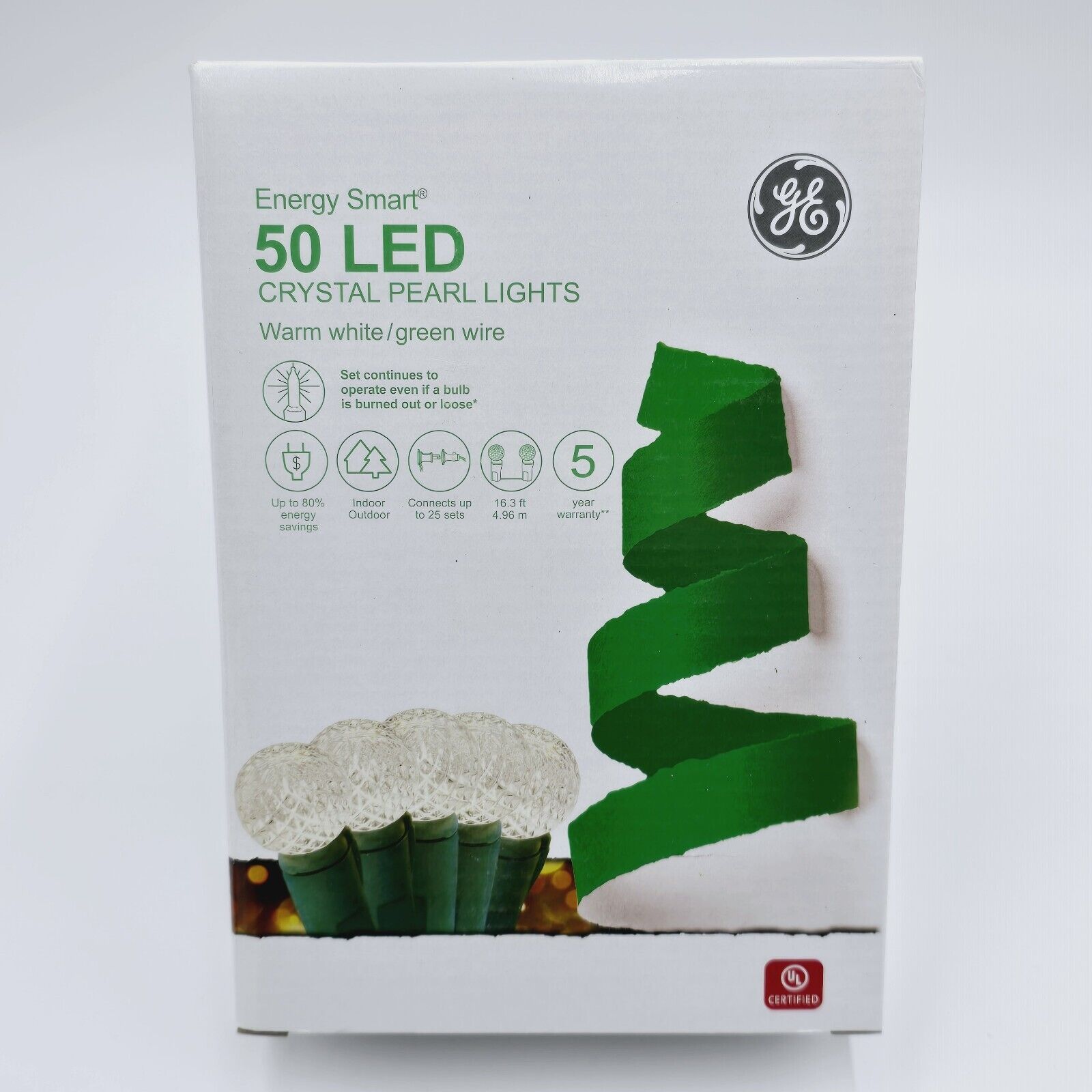 NEW GE Energy Smart 50 LED Crystal PEARL String Lights White with Green Wire