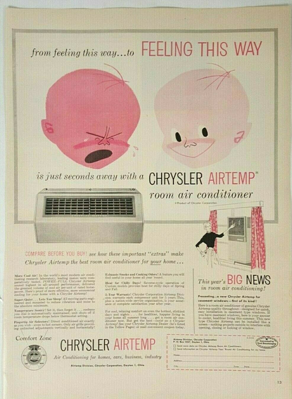 1954 Chrysler Airtemp Room Air Conditioner From Crying to Smiling Baby Pink Ad  