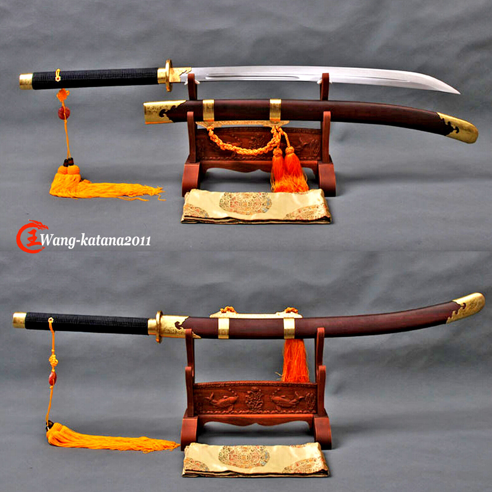 36''Chinese Damascus Folded Steel Rosewood+Brass Handmade Qing Dynasty DAO Sword