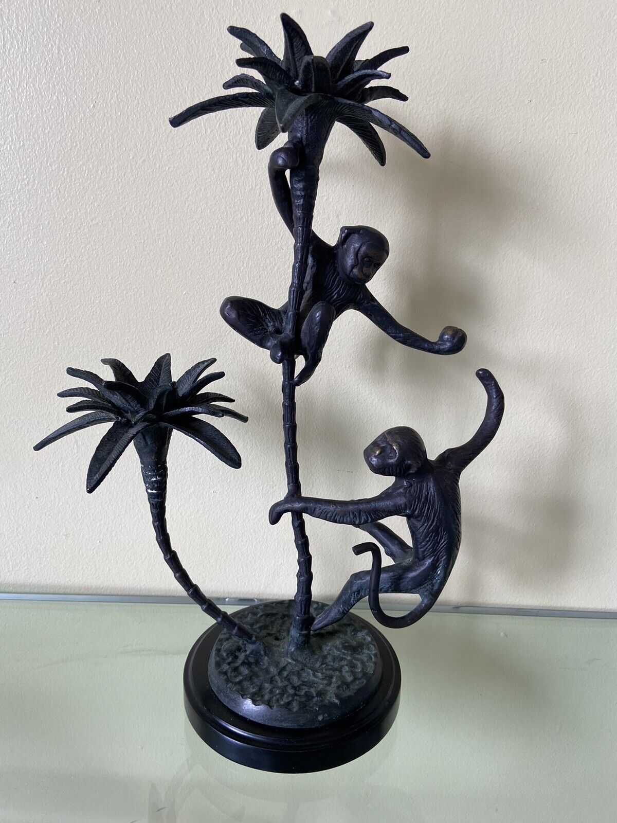 MONKEY PALM TREE Candle Holder Statue Brass Monkeys 15” Tall