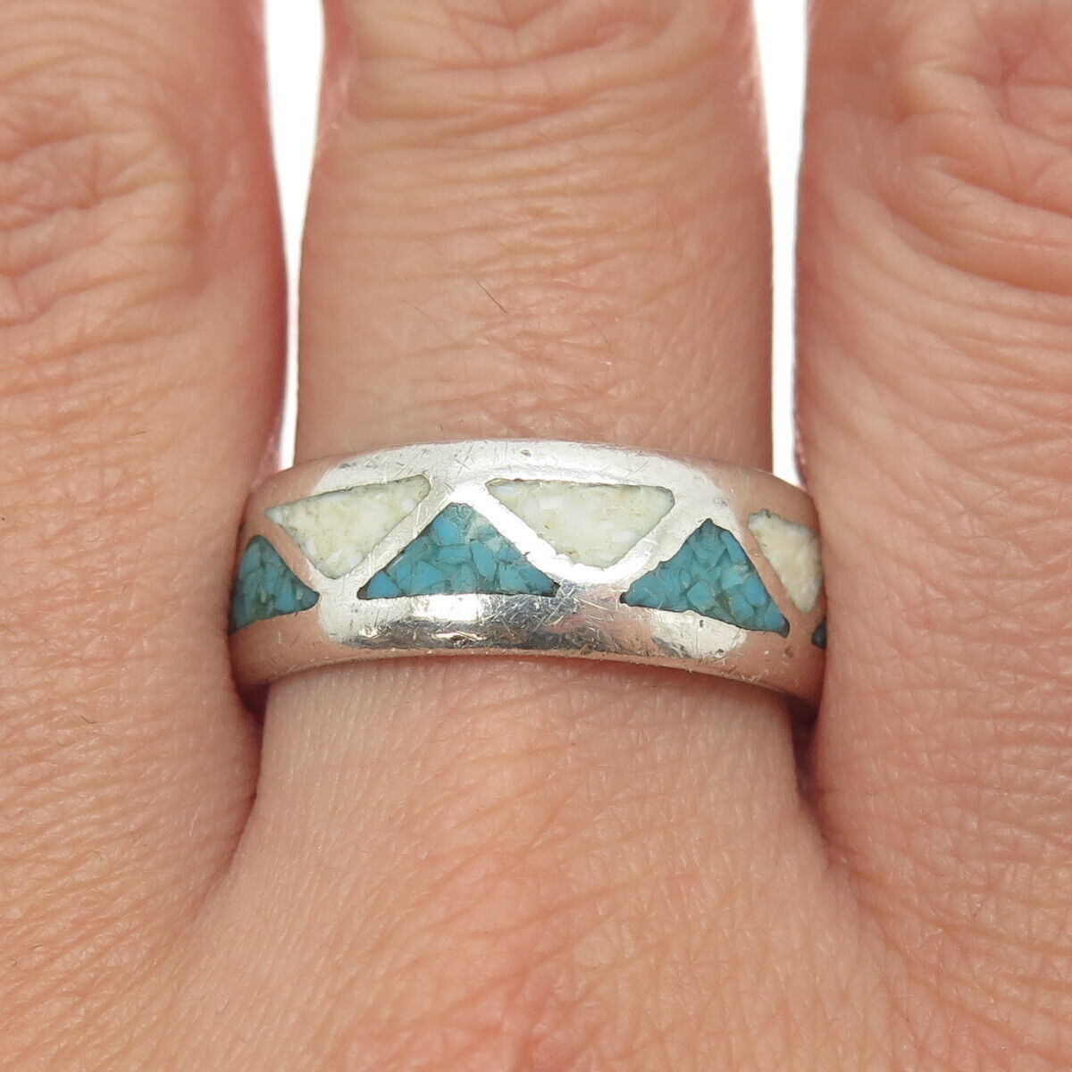 Old Pawn Navajo Sterling Silver Vintage Turquoise & MOP Inlay Band Ring Size 11