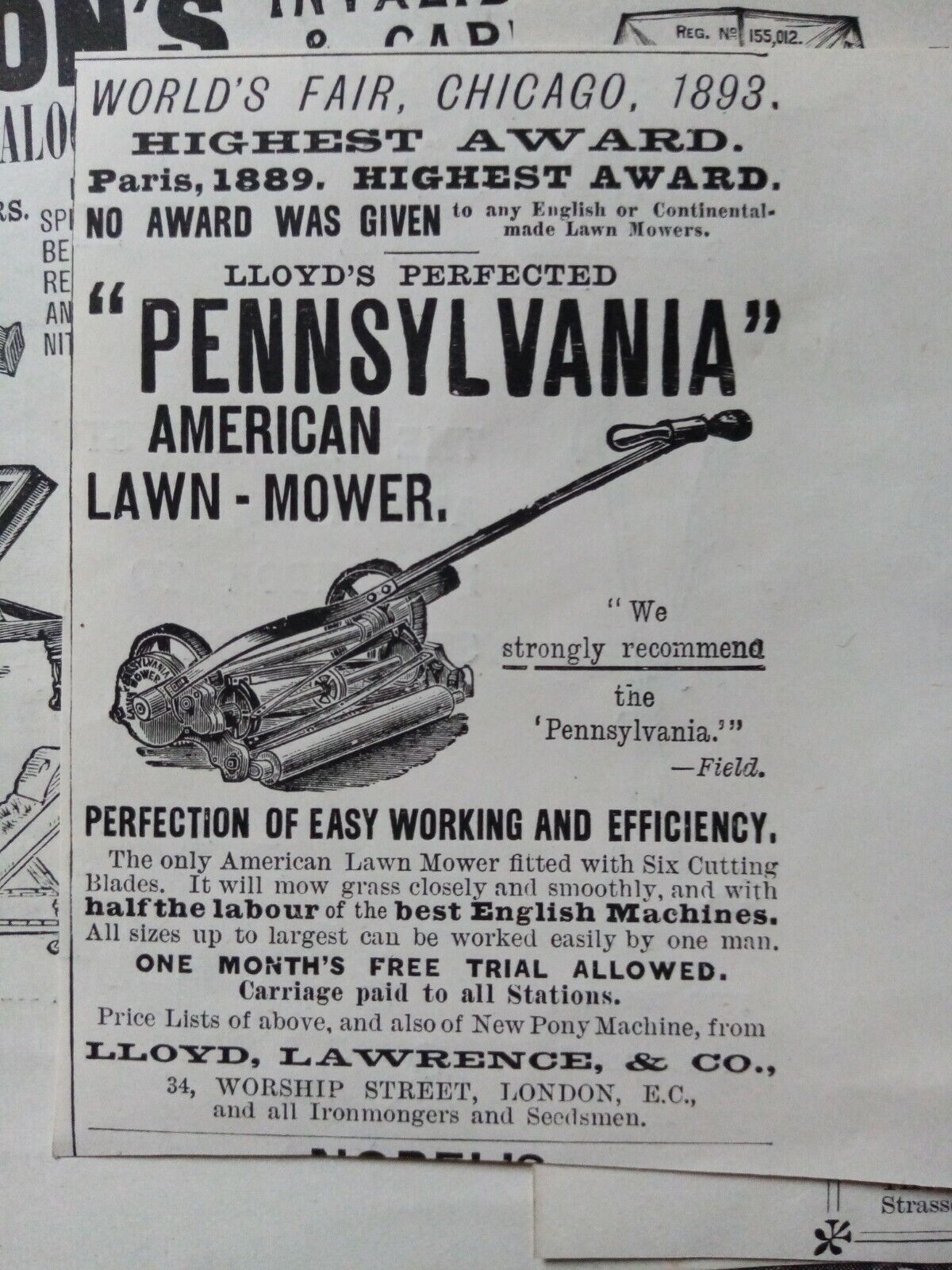 Kvc25 Ephemera 1895 advert pennsylvania American lawn mower 