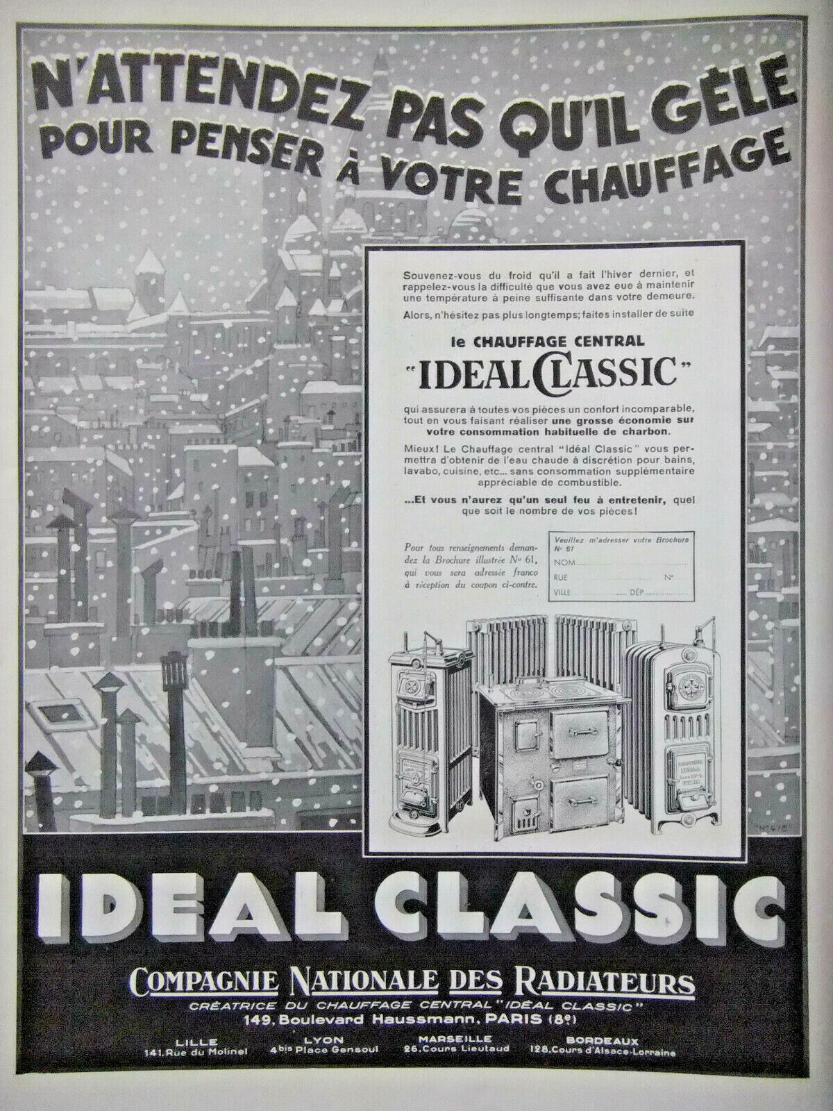 ADS PRESS 1933 IDEAL CLASSIC Cie NATIONALE RADIATEUR - PUBLICITÉ PRESSE FRENCH
