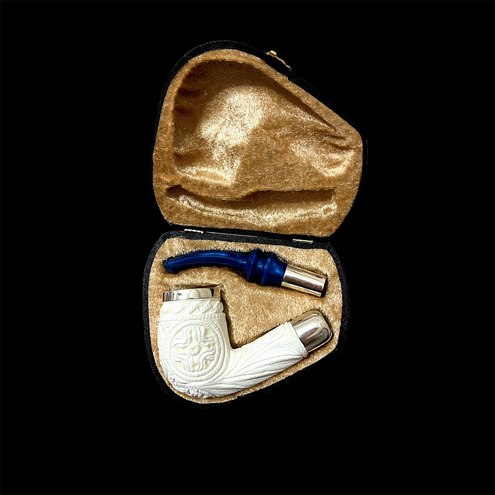Block Meerschaum Pipe 925 silver unsmoked smoking tobacco pipe w case MD-343