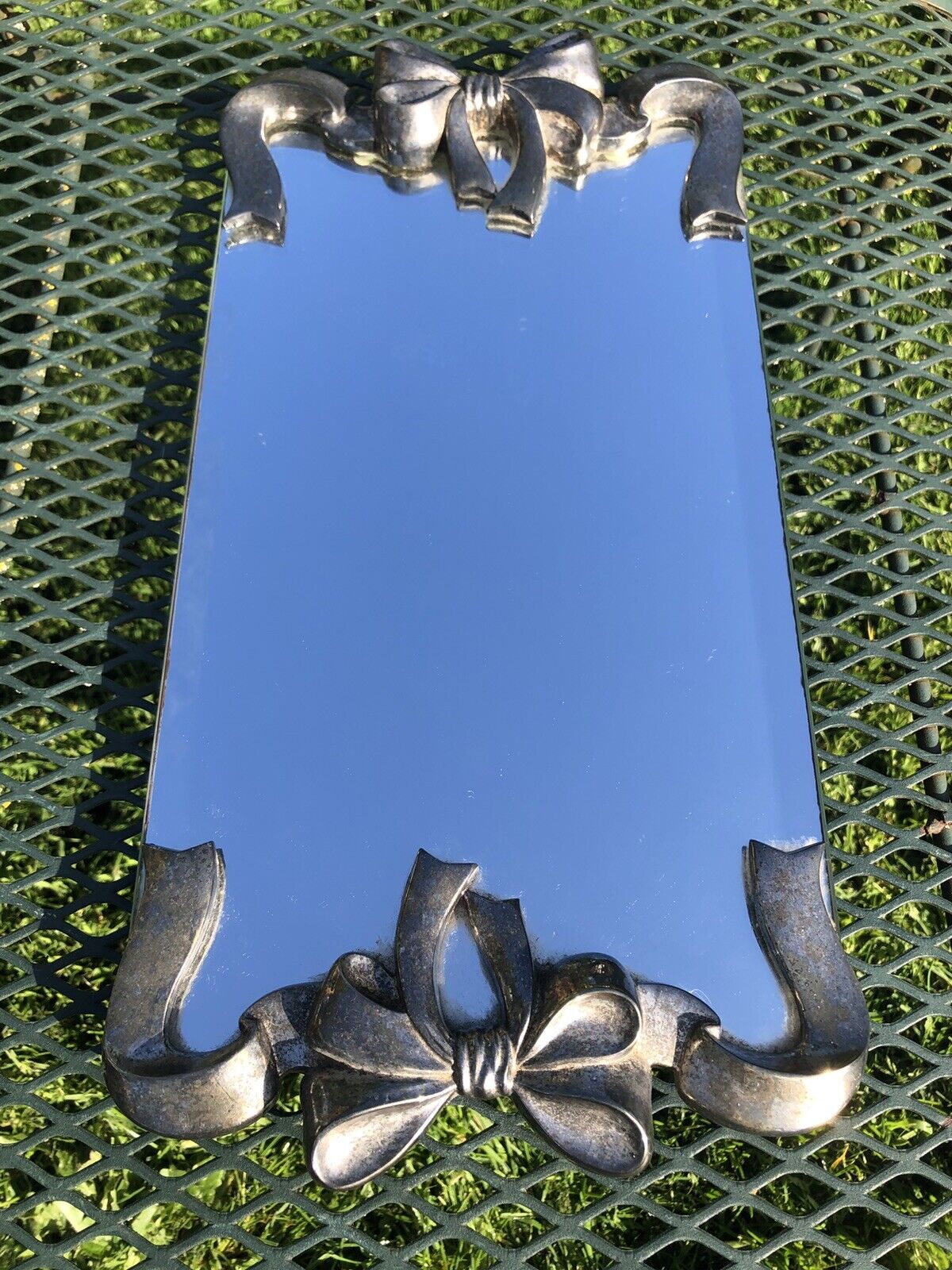 Vintage GSA Godinger Silver Plated Mirror Vanity Tray Victorian Bouquets Ribbon
