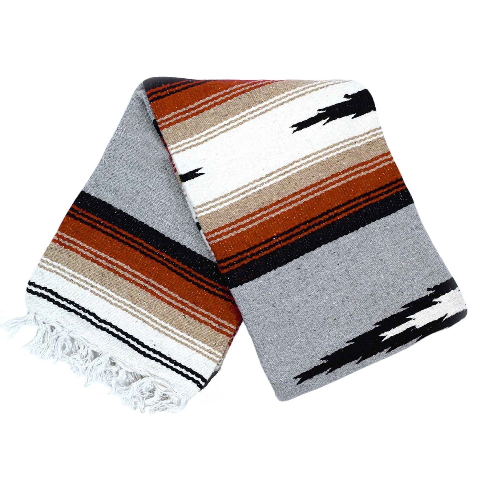 Mexican Yoga Blanket Grey Diamond Stripes White Tan Gray Serape Falsa Throw XL