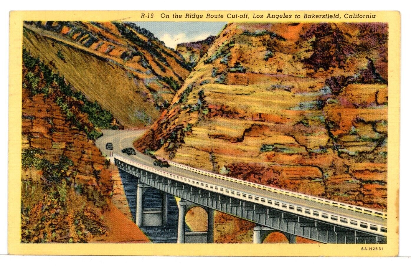 1949 - On the Ridge Route Cut-off, Los Angeles to Bakersfield, CA Postcard