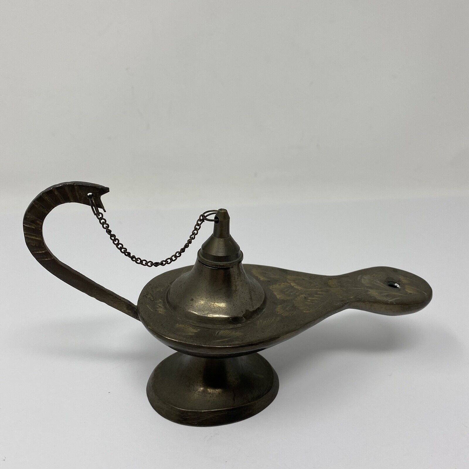 Vintage Solid Brass Genie Lamp Incense Burner Ornate Leaf Etched Design