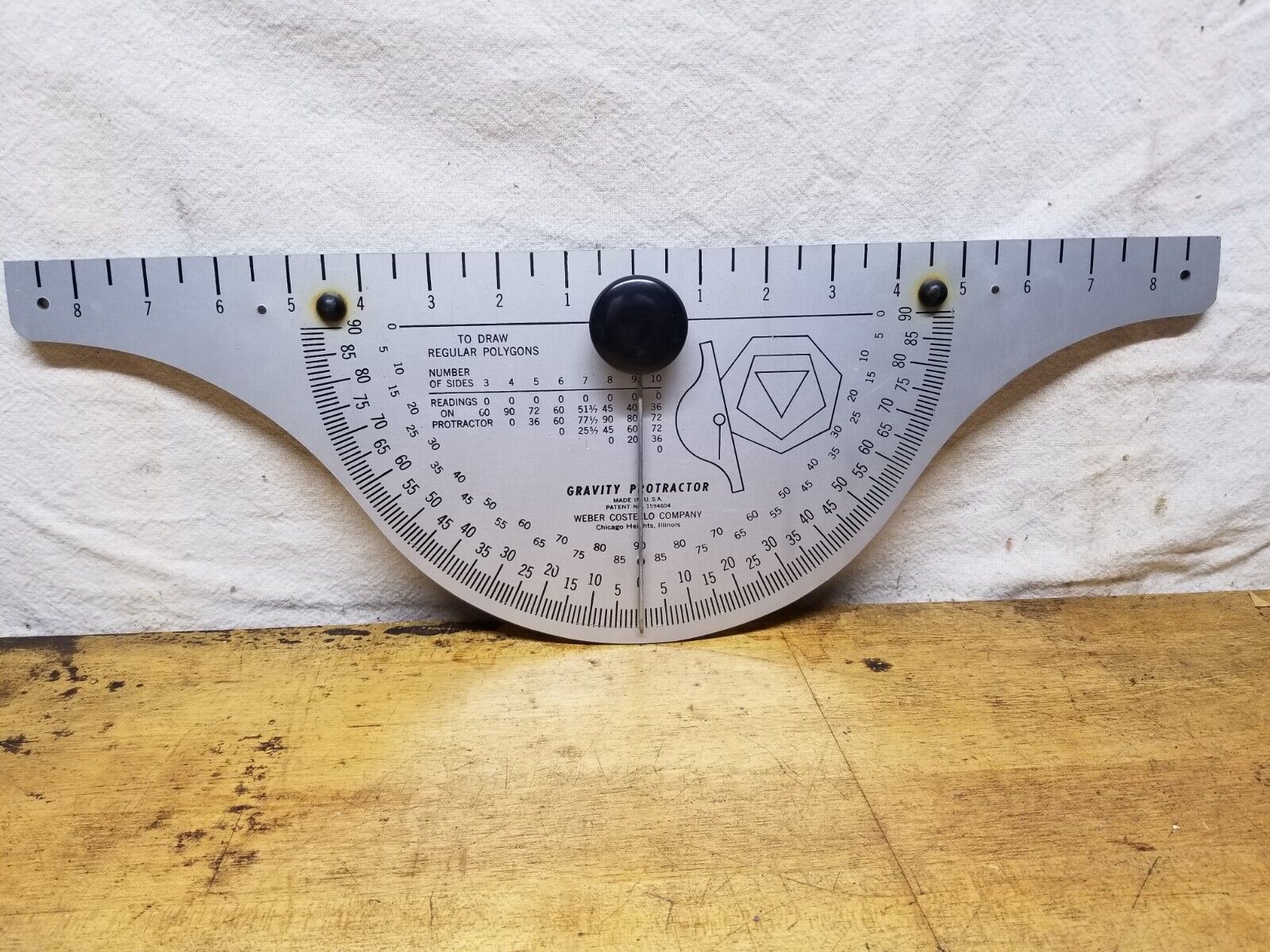 Vintage Gravity Protractor By Weber Costello Co. To Draw Polygons Aluminum USA