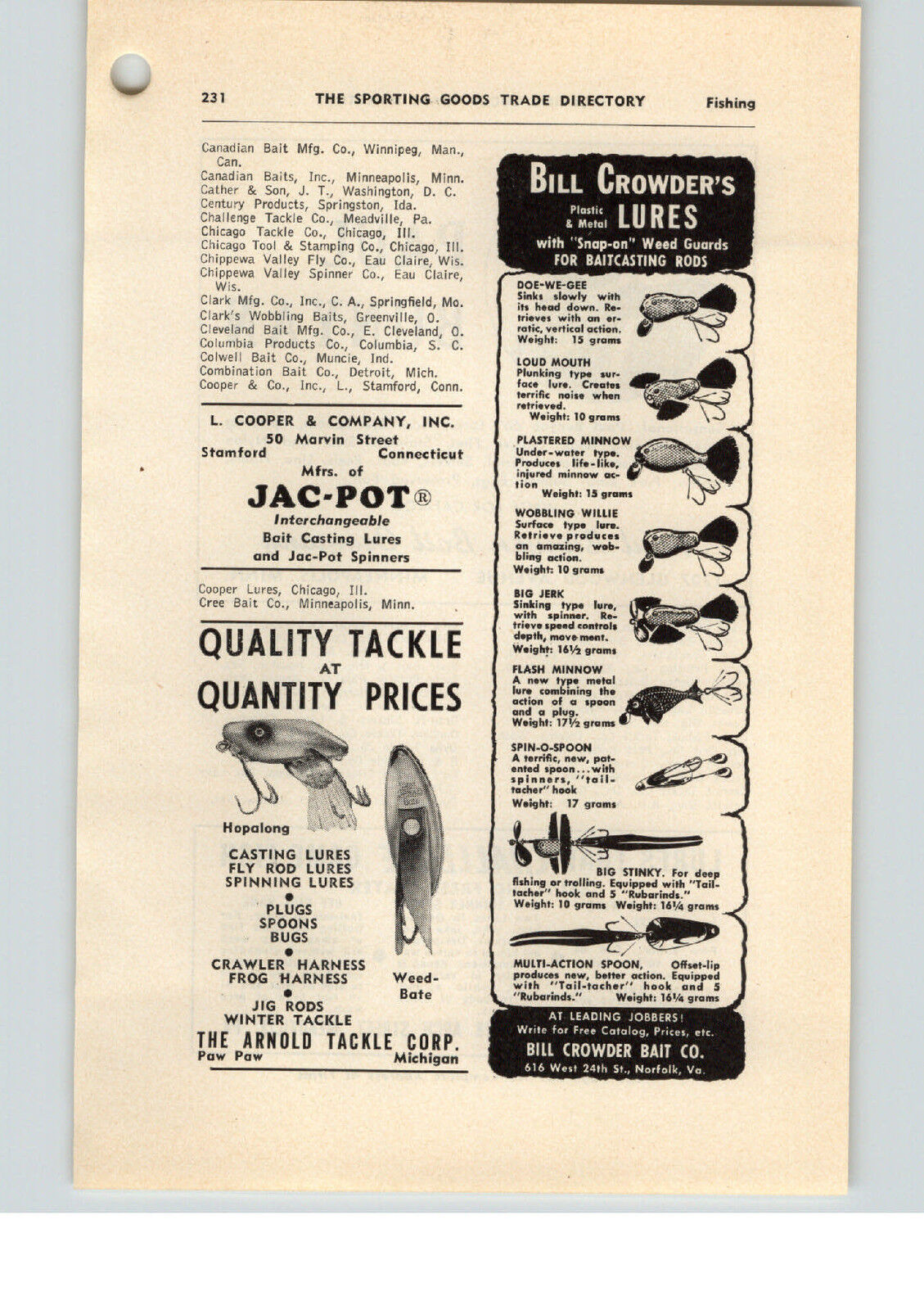 1952 PAPER AD Bill Crowder Arnold Fishing Lure Baits Paul Bunyan Logo