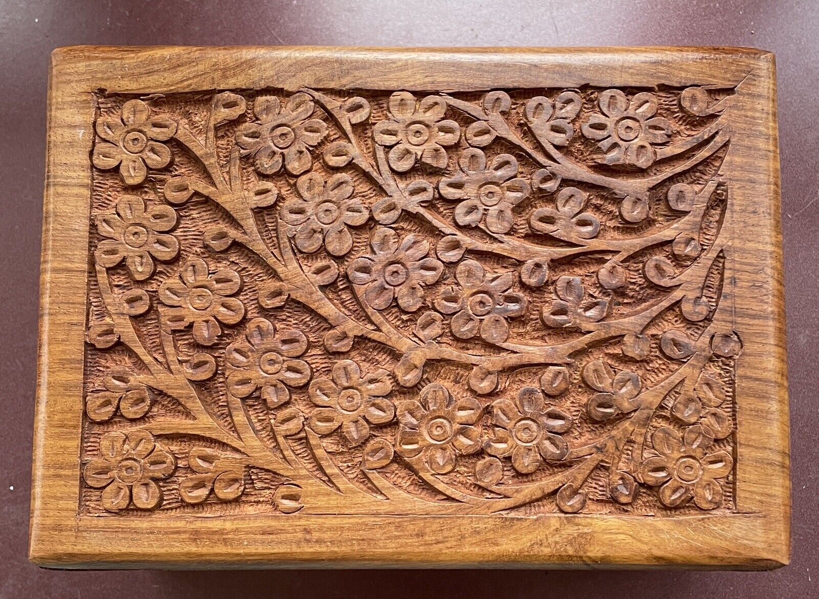 Floral Carved Wooden Box Hidden Slide Opening Wood Trinket Jewelry Stash 7x5x3