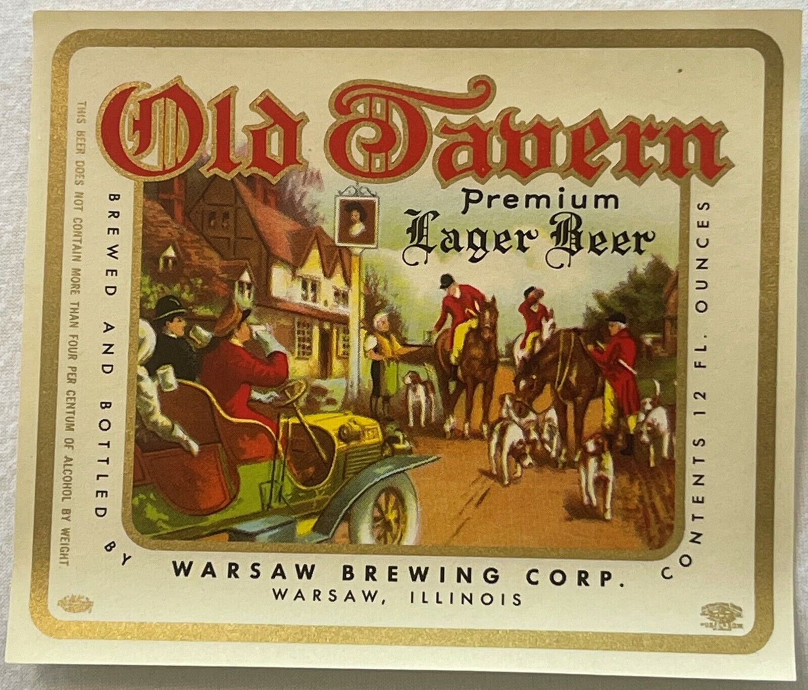 Vintage 1940s Old Tavern Lager Beer Label, Warsaw, IL - Drinking While Driving?