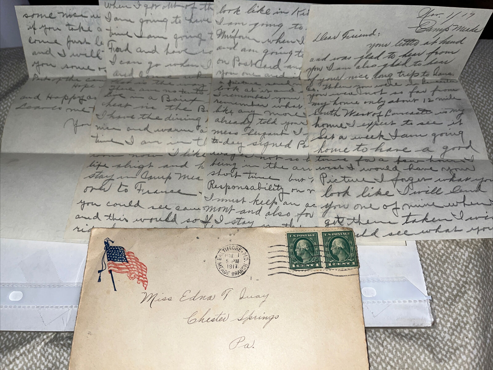 Antique 1917 WWI Letter From Fort Meade MD in YMCA Envelope Chester Springs PA
