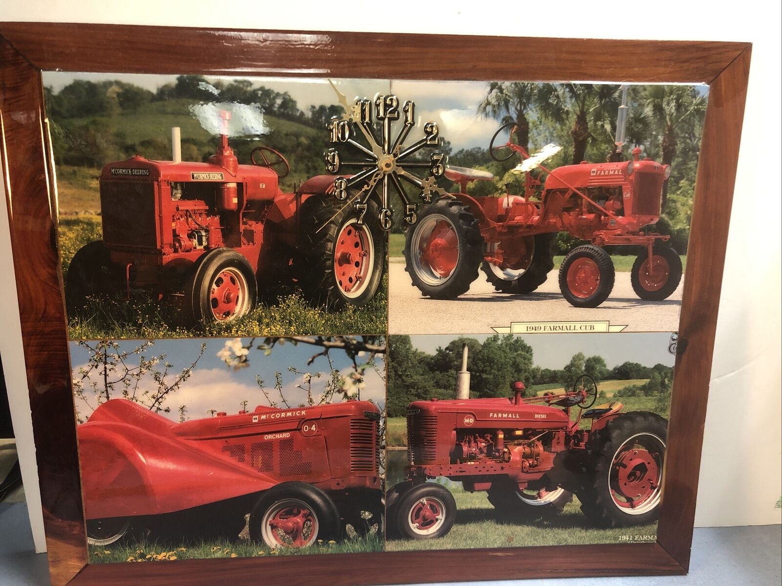 McCormick Deering Orchard, Farmall, 4 Photo Clock, Wooden Border, Works Great