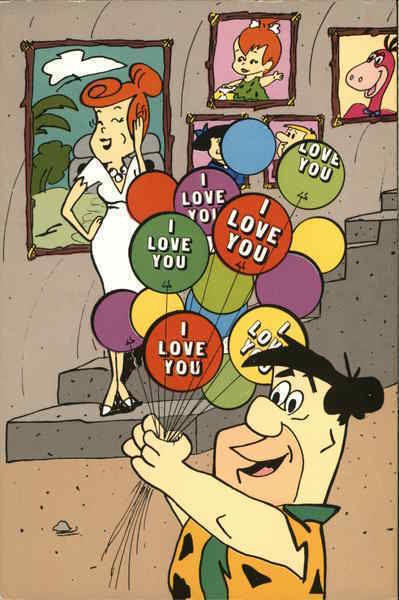 Cartoon I Love You-Fred Flinstone Handing Wilma Balloons Luna Bay Productions