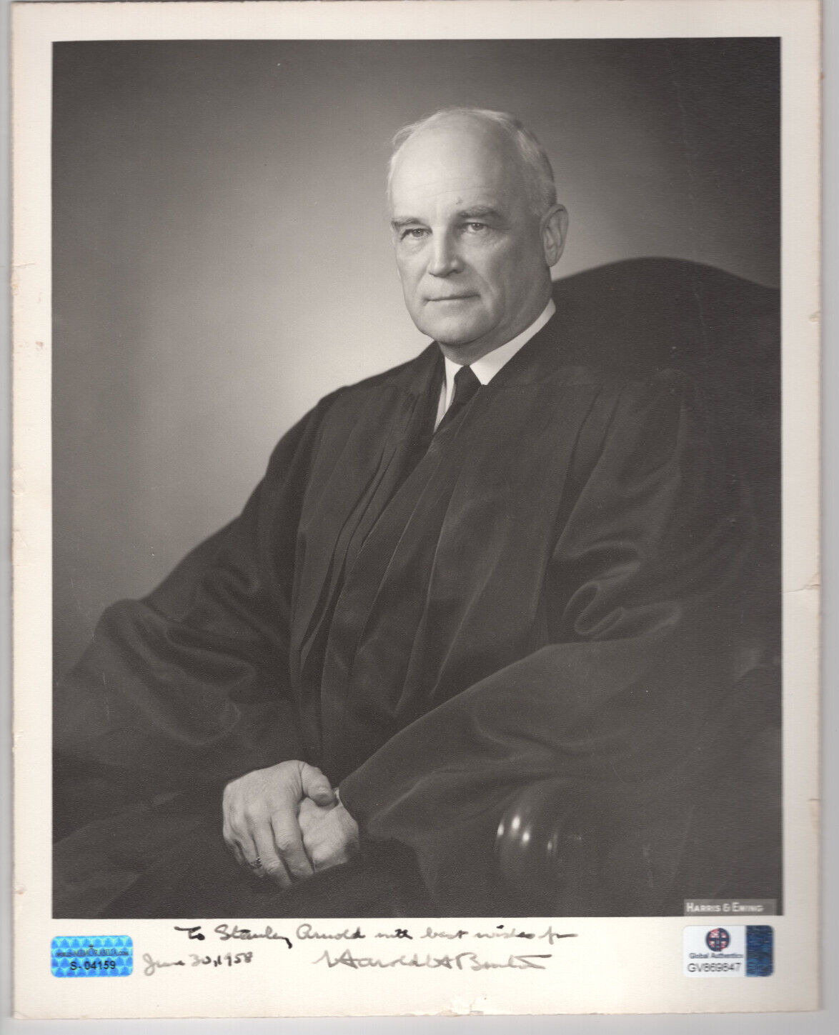 Harold H. Burton Signed Photo 1958 / Supreme Court Justice / Autographed