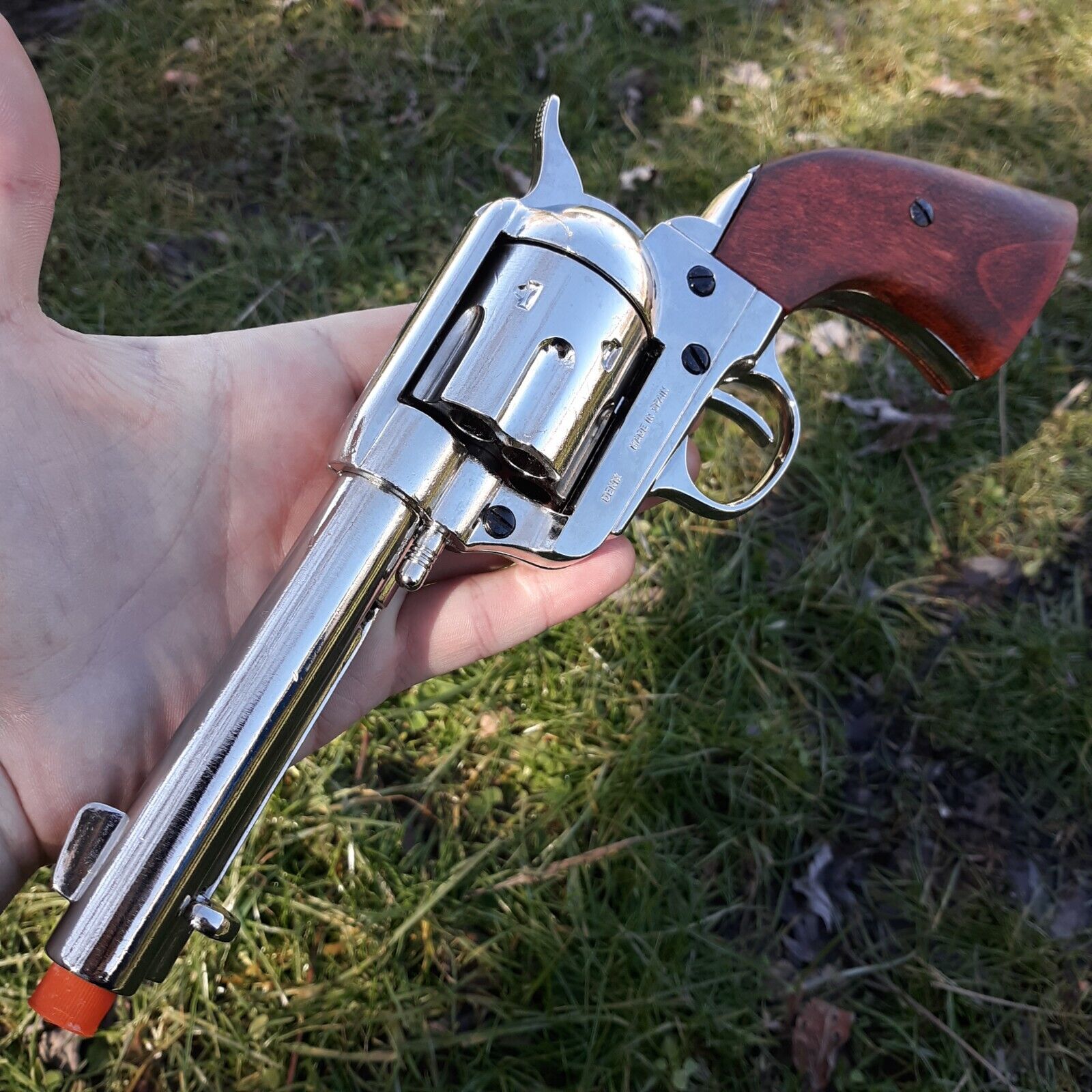 Denix Replica Non-Firing 45 Peacemaker With Wood Grips And Nickel Plated Finish