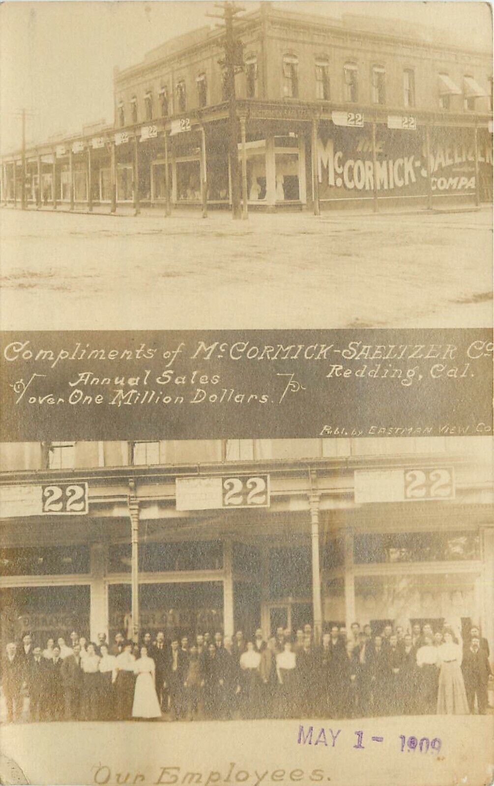 1909 RPPC McCormick & Saeltzer Co. Redding CA Split View Bldg./ Staff Eastman
