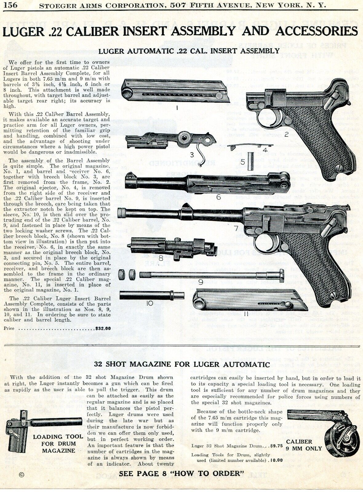 1939 Print Ad of Luger 22 Automatic Pistol Insert Assembly & 32 Shot Magazine