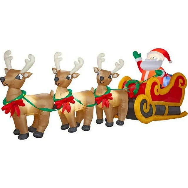 Gemmy 16\' Long Airblown Christmas Inflatable Santa in Sleigh Three Reindeers