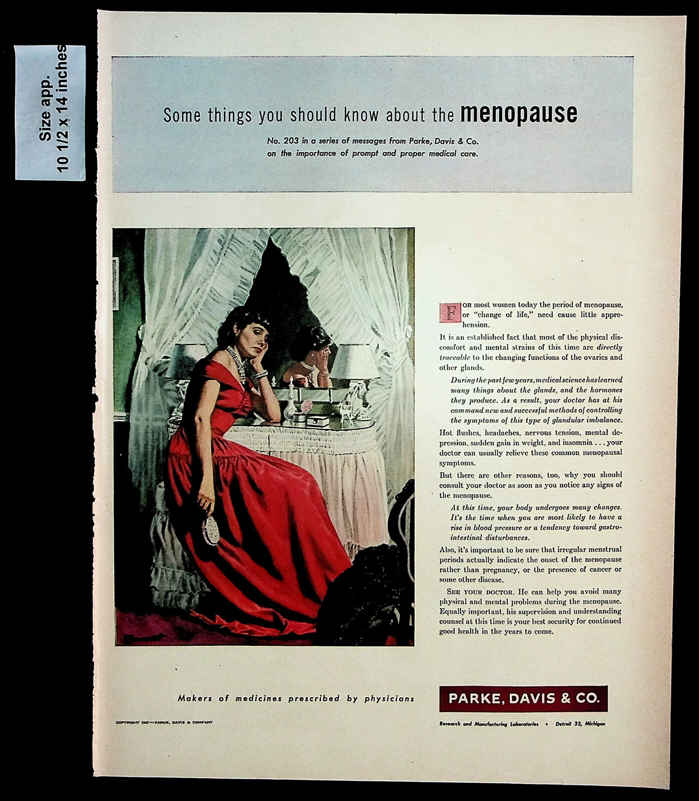 1947 Parke, Davis & Co. Medicine Menopause Woman Dress Vintage Print Ad 30607