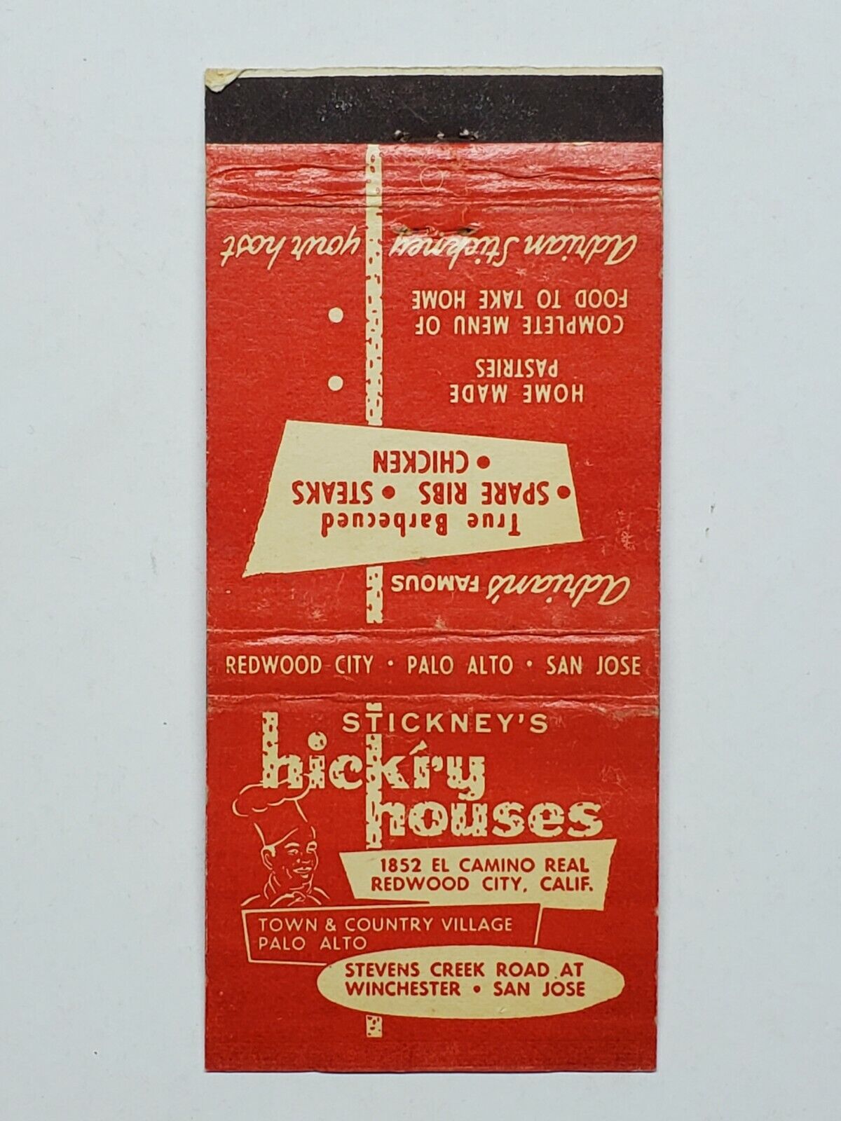 Stickney\'s Hickry Houses Redwood City CA Vintage Matchbook Cover BBQ Ribs Food