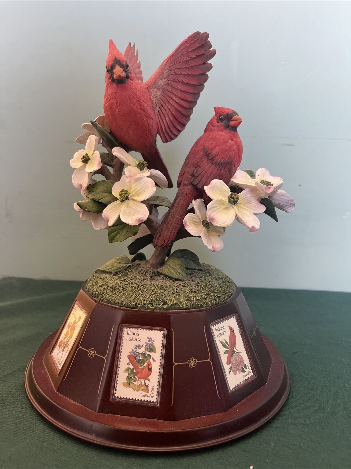 VTG Danbury Mint Red Cardinal Statue by Bob Guge  'Spring Glory' Stamps Incl.
