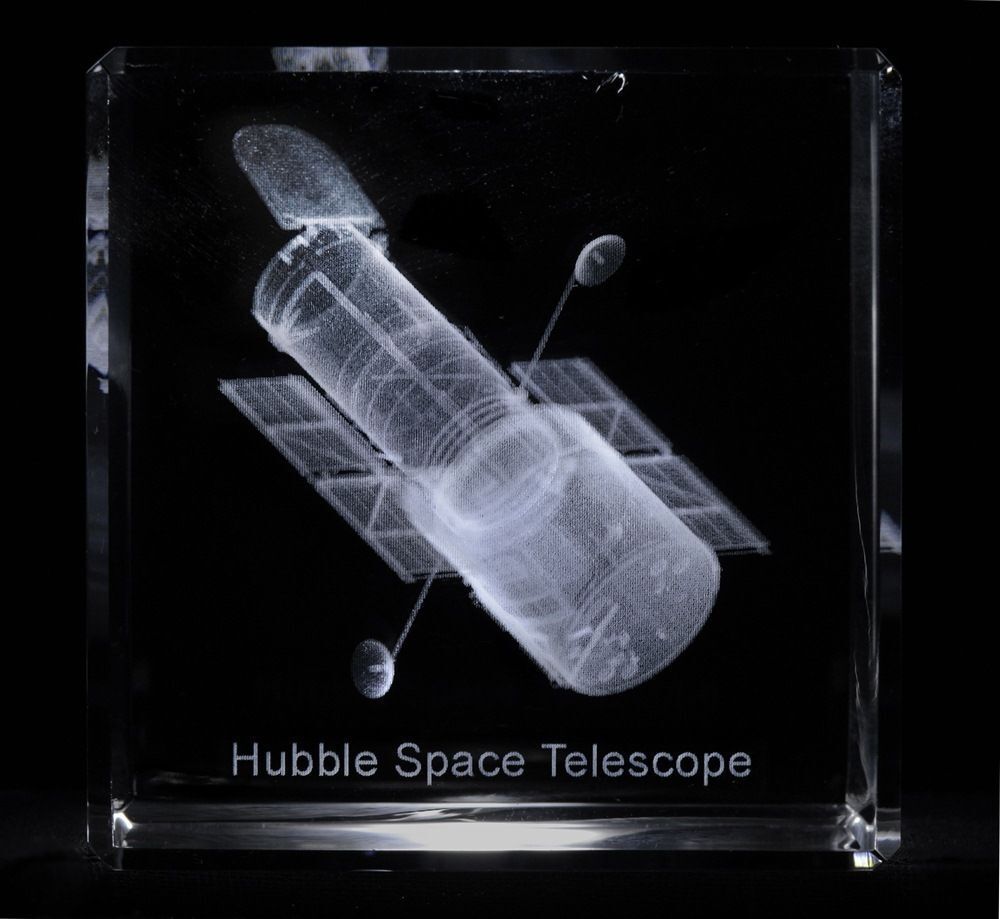 NASA Spacecraft Hubble Telescope Glass Cube Laser Etched from NASA Blueprints