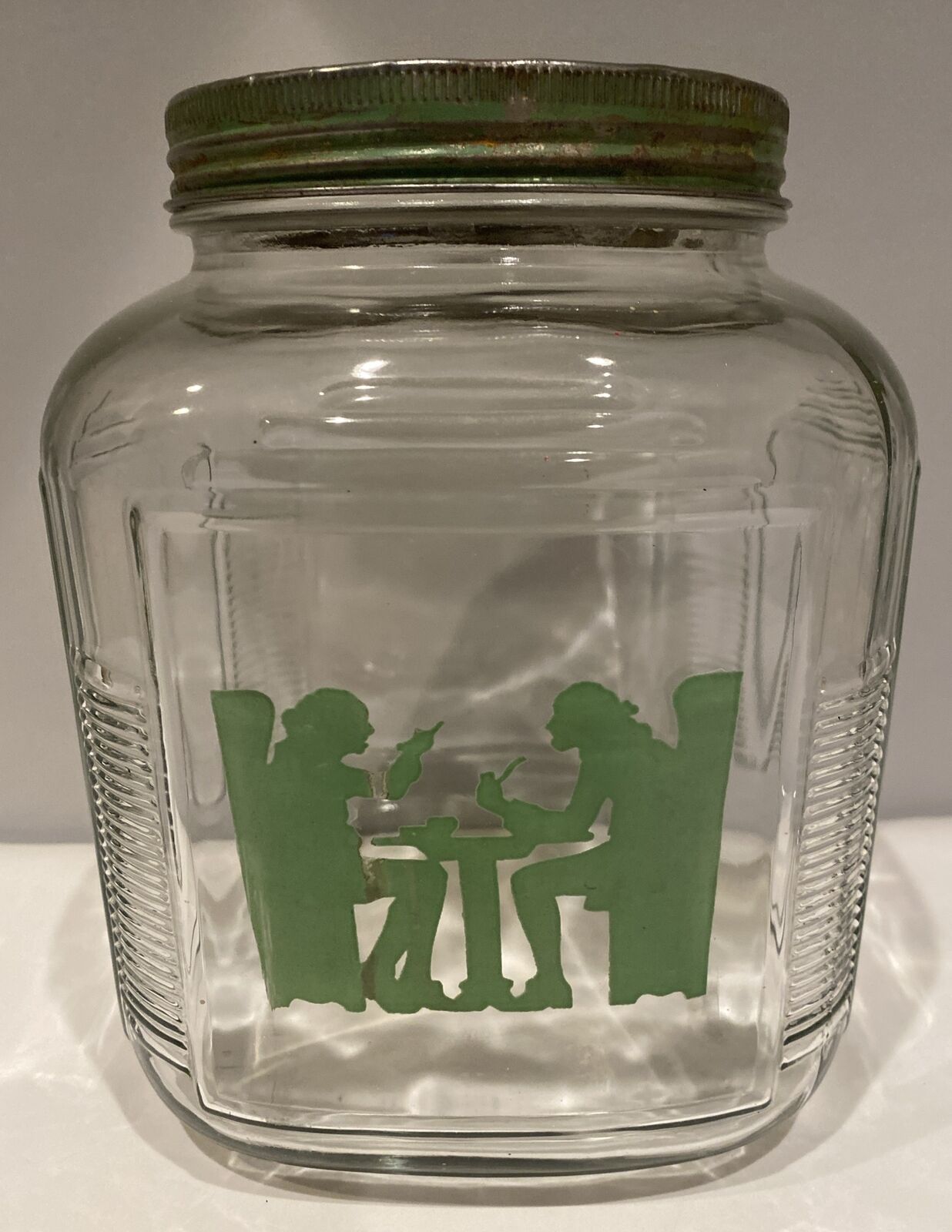 Anchor Hocking Green Tavern Silhouette Colonial Dressed Tavern Glass Jar Rare
