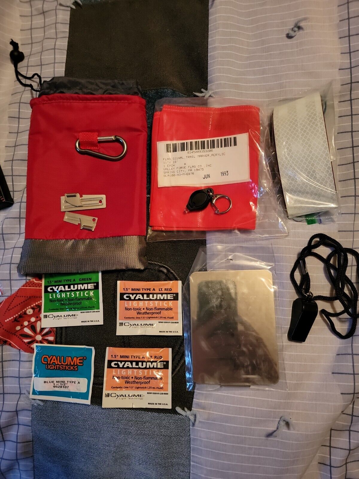 Emergency Signaling kit w/ 2 Camping Mirrors, flag, Whistle,P51, P38, tape, bag 