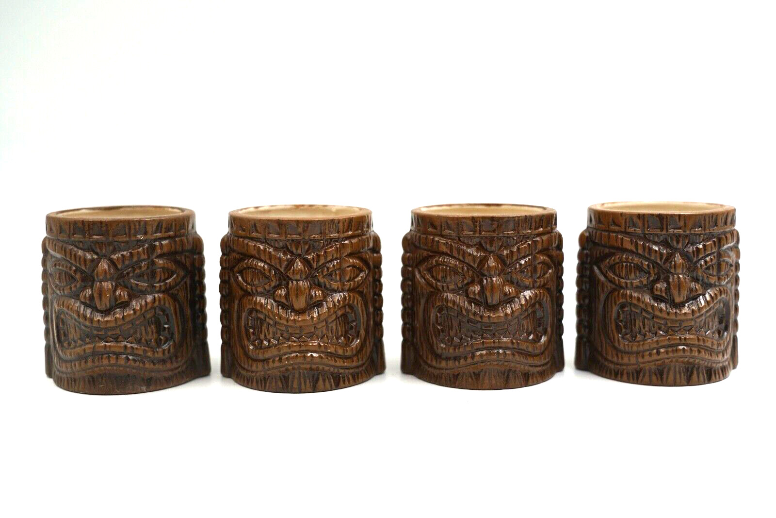 Set 4 Vintage Tiki Cup Mug Brown Ceramic Pottery Quon Quon Made In Japan 3” Tall