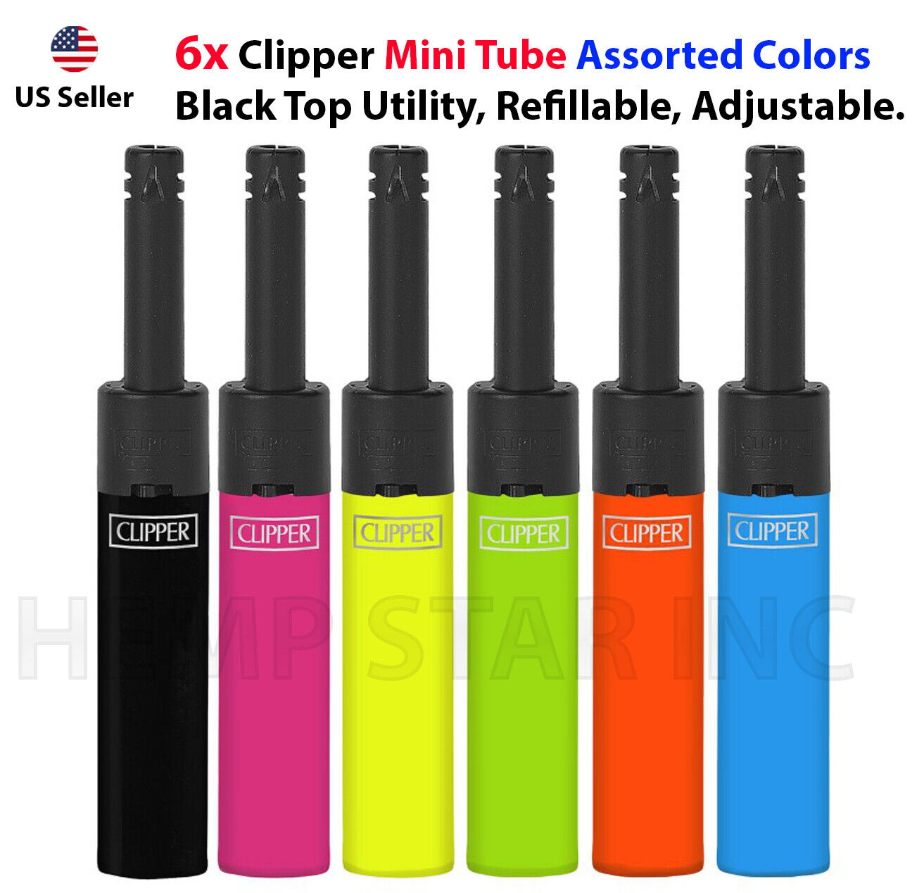 6x Clipper Mini Tube Assorted Colors Black Top Utility Refillable, Adjustable.