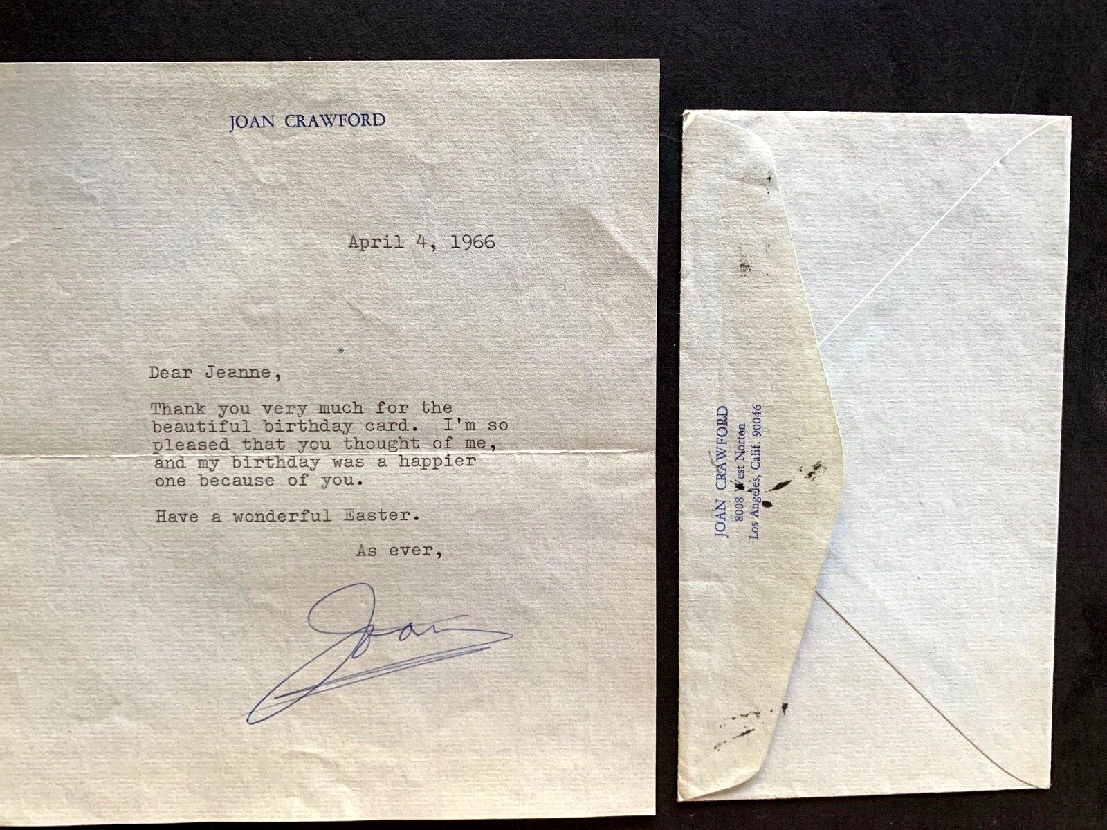 JOAN CRAWFORD LETTER WITH ENVELOPE autograph signed 