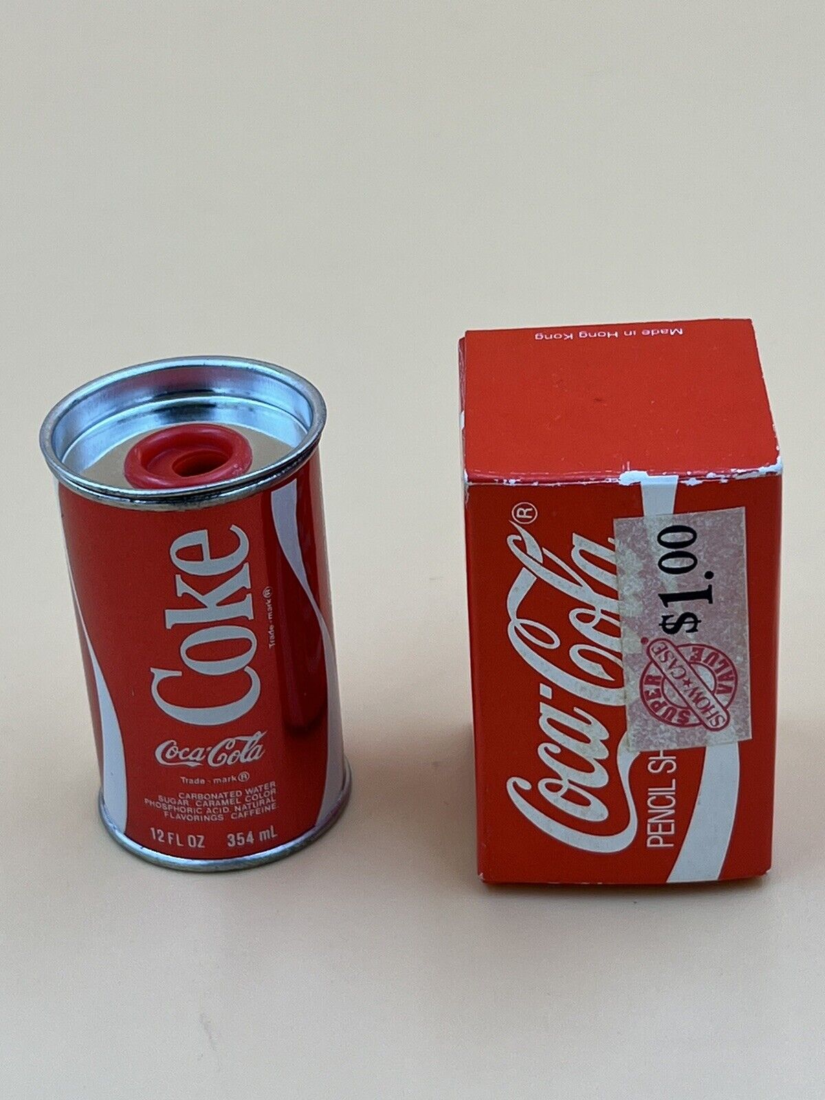 Vintage 1980s Tin Coke Coca Cola Pencil Sharpener W/ Original Box.