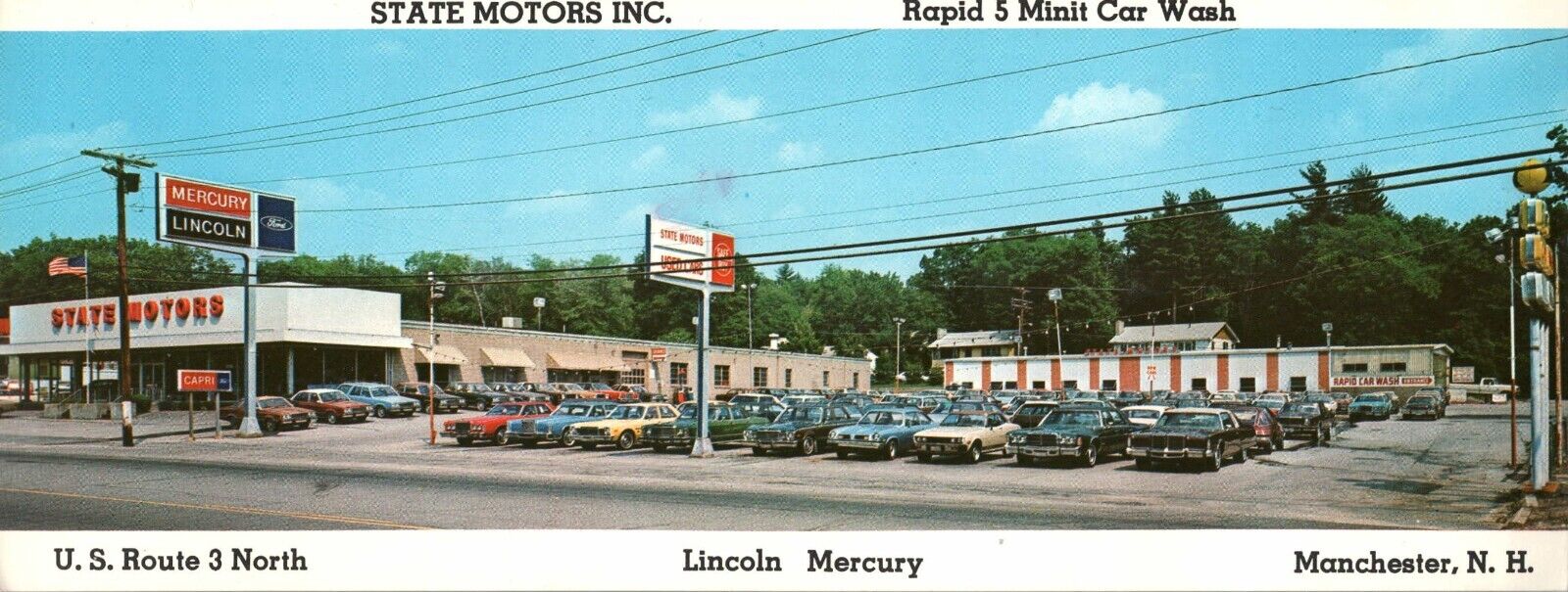 State Motors Lincoln Mercury Car Dealer Manchester NH Vintage 1984 Long Postcard