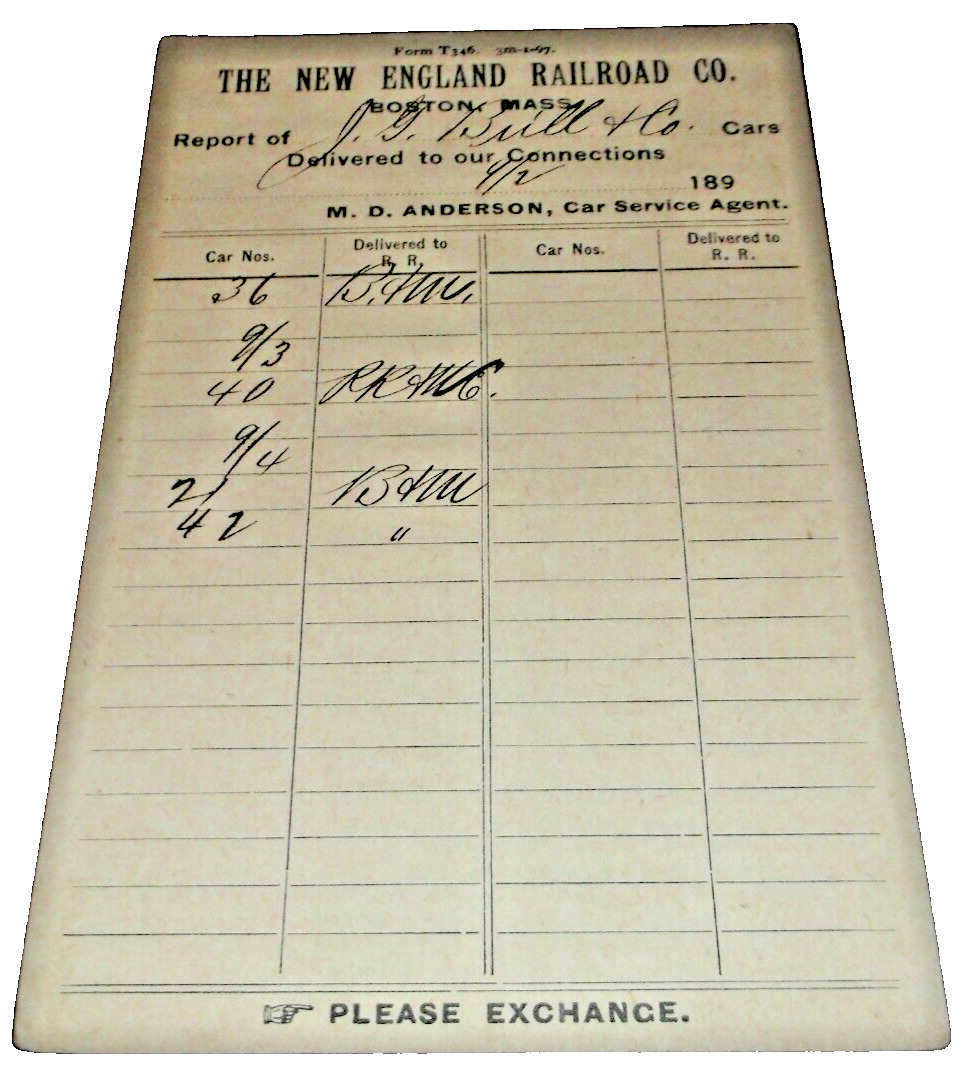 SEPTEMBER 1897 NEW ENGLAND RAILROAD NEW HAVEN INTERCHANGE REPORT POST CARD