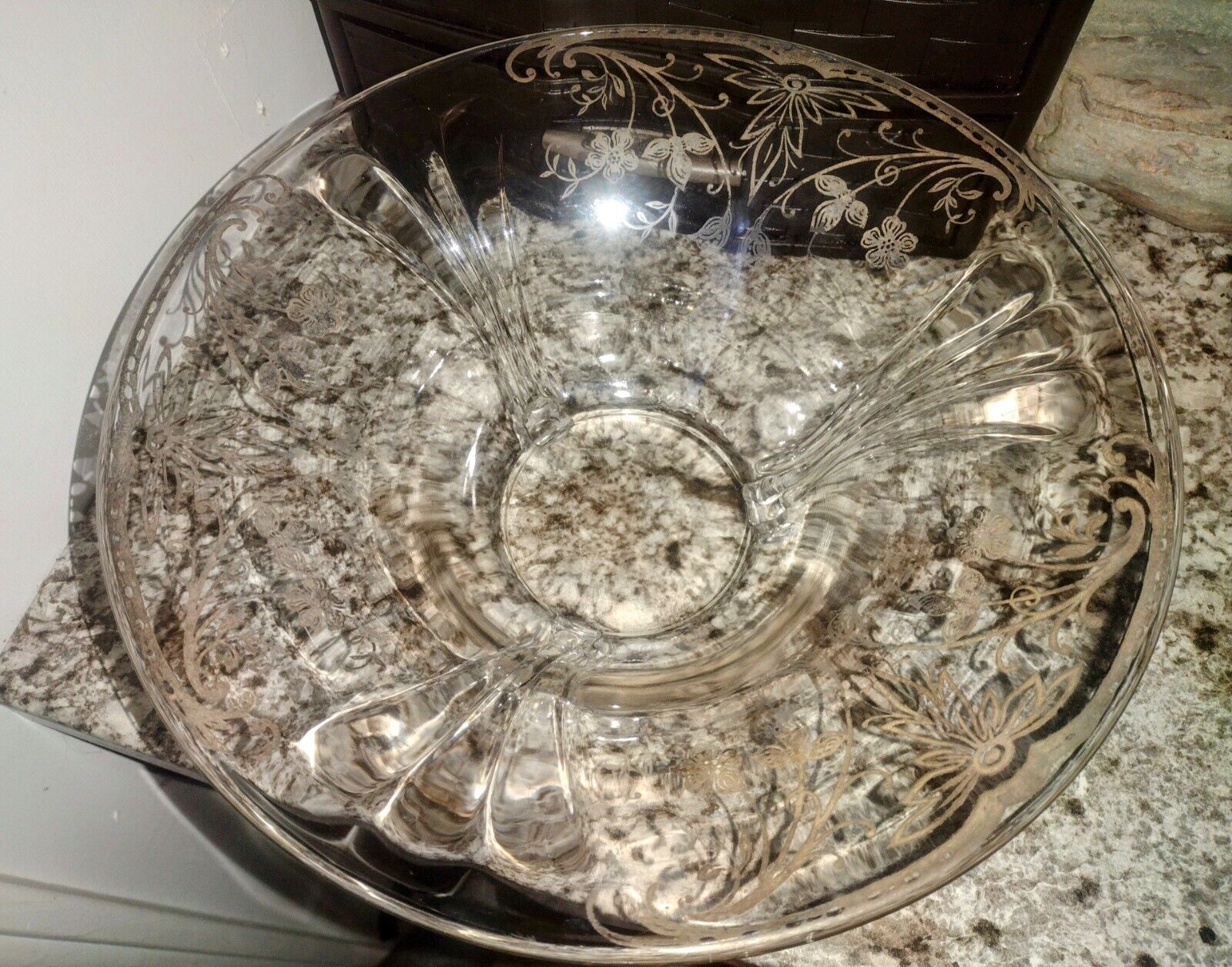 Vintage Floral Silver-Etched Clear Depression Glass Bowl