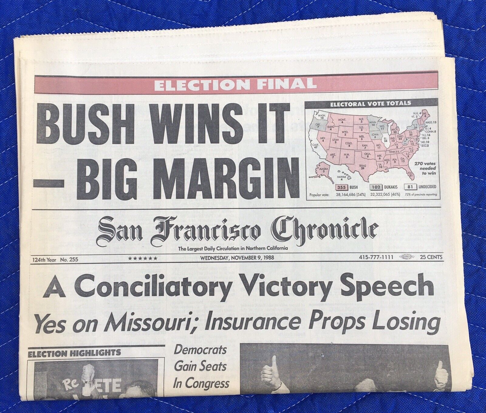 BUSH WINS IT George H.W. HW Complete Newspaper November 9 1988 Election