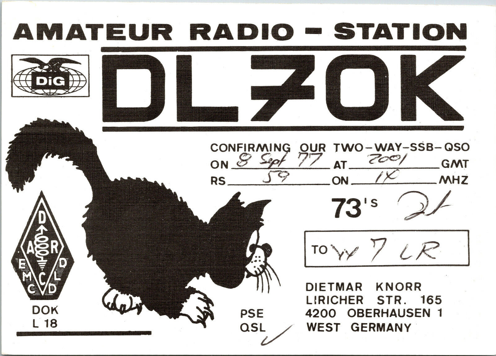 Vtg Ham Radio CB Amateur QSL QSO Card Postcard GERMANY DL7OK OBERHAUSEN 1977