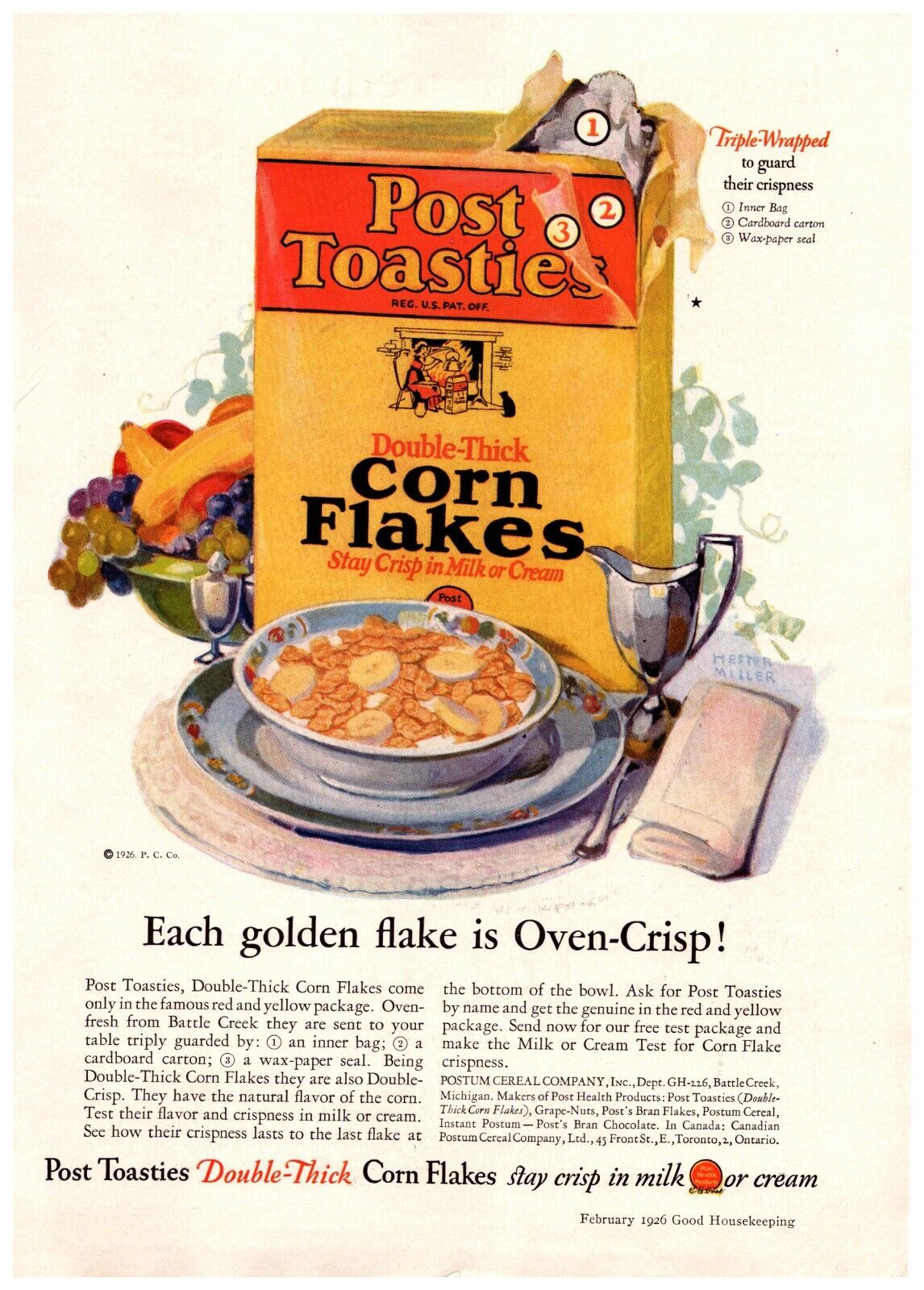 1926 Post Toasties Corn Flakes Vintage Print Ad Each Golden Flake Is Oven Crisp