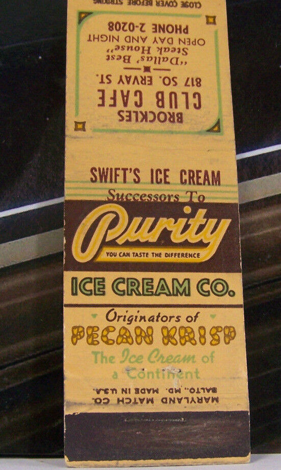 Rare Vintage Matchbook Cover W1 Dallas Texas Swift's Ice Cream Pecan Krisp Origi