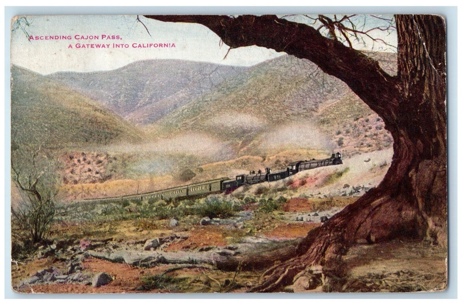 c1910 Ascending Cajon Pass Gateway Into California Train Smokestacks CA Postcard