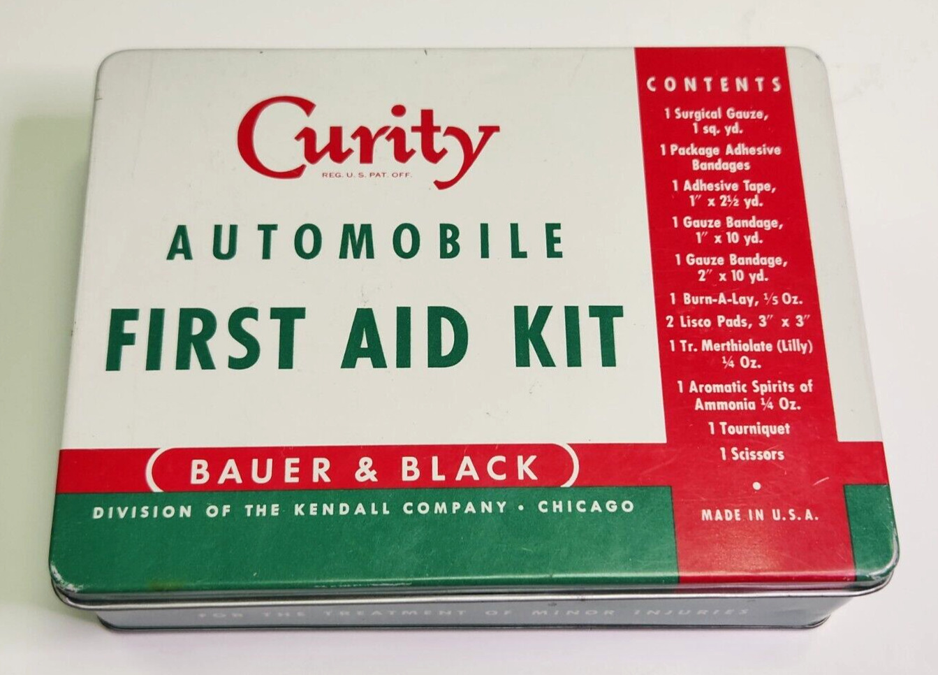 Vintage Curity Automobile First Aid Hinged Tin Box Empty (Bauer & Black)